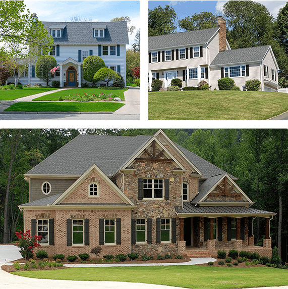 Three completed EC Roofing projects: two asphalt shingle roof replacements and a shingle-and-metal roof on a stone and brick home